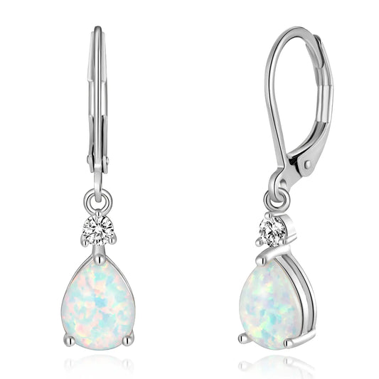 CiNily Womens Opal Dangle Earrings Leverback Drop Earrings 14K White Gold Plated Teardrop Gemstone Earrings