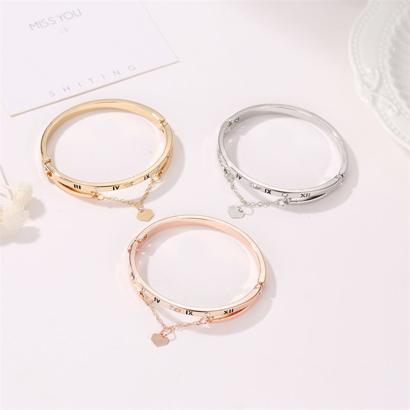 Roman Numeral Accents Bracelet with Heart Pendant and Small Diamonds Stainless Steel Bangles