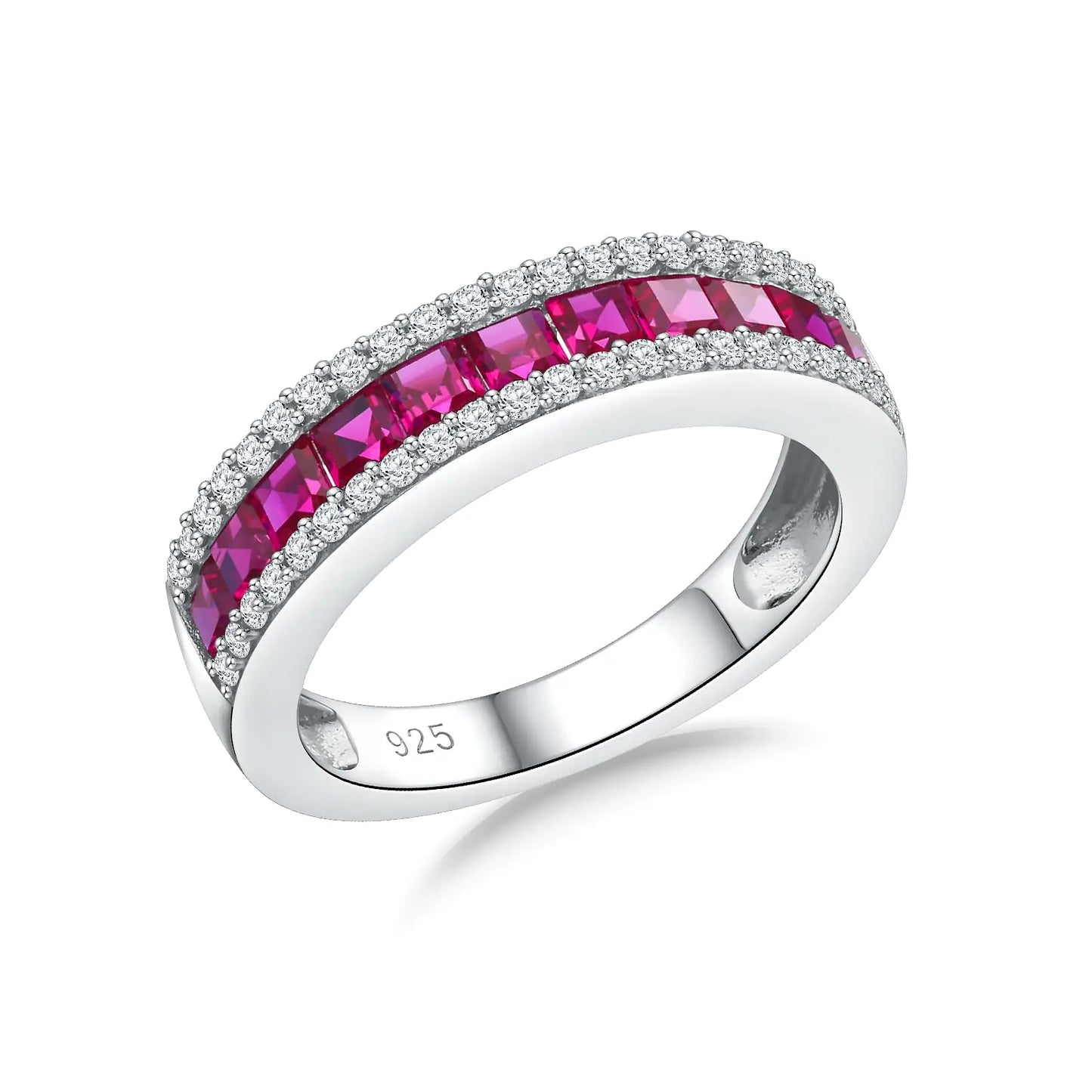 RANDES Red Ruby Engagement Rings for Women 925 Sterling Silver Channel Set Half Eternity Rings Stackable Anniversary Band Size 7