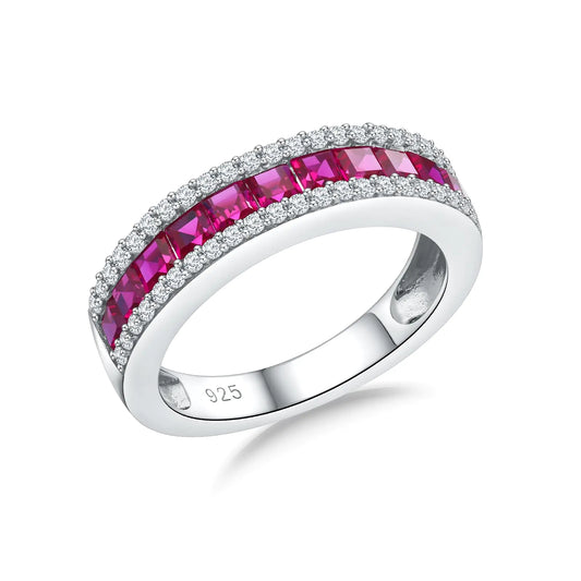 RANDES Red Ruby Engagement Rings for Women 925 Sterling Silver Channel Set Half Eternity Rings Stackable Anniversary Band Size 7