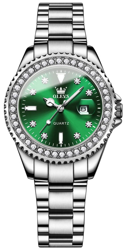 OLEVS Watches for Women Diamond Luxury Dress Silver Wrist Watch Stainless Steel Waterproof Luminous Date