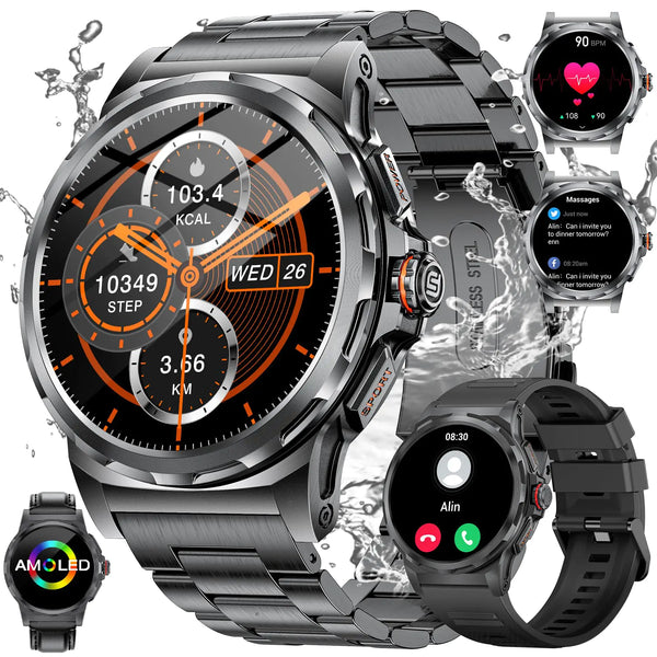 HIRREO Military Smart Watch for Men (3 Strap) Tactical Smart Watches for Bluetooth Call Blood Pressure/Heart Rate/Sleep Monitor Watch 1.43 AMOLED Men Smart Watches for iOS Android Compatible