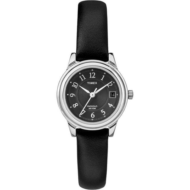 Timex Women's Porter Street 26mm Watch – Silver-Tone Case Black Dial with Black Leather Strap