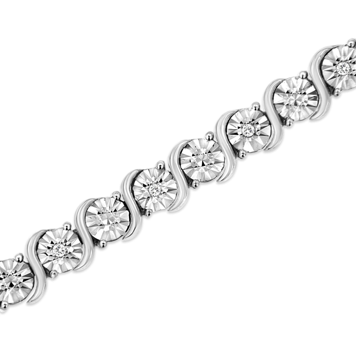 .925 Sterling Silver 1/10 Cttw Diamond Round Miracle Plate and "S" Link Tennis Bracelet (I-J Color, I2- I3 Clarity) - 7"