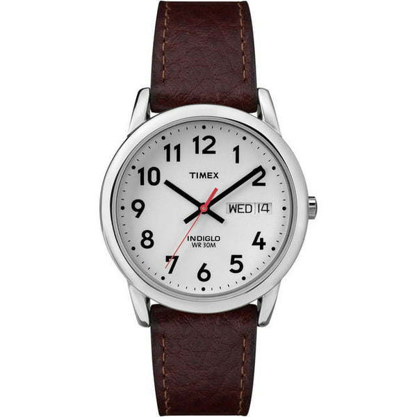 Timex Men's Easy Reader 35mm Day-Date Watch – Silver-Tone Case White Dial with Dark Brown Leather Strap