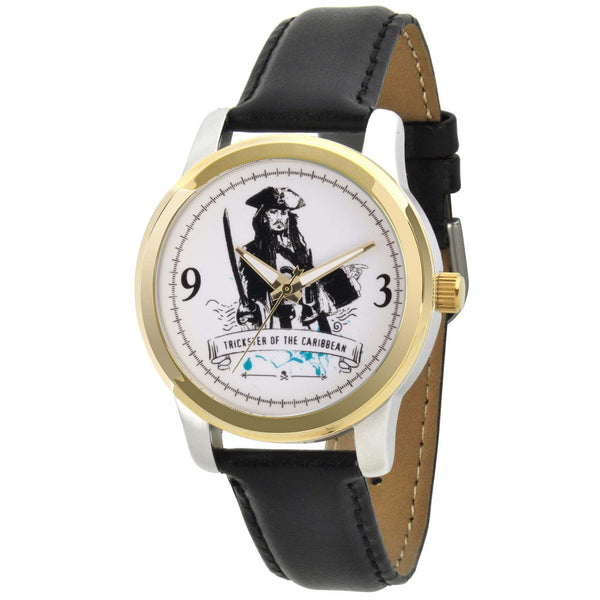 Pirates of the Caribbean 5 Captain Jack Sparrow Men's Two Tone Alloy Watch, Black Leather Strap