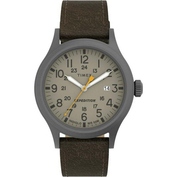 Timex Men's Expedition Scout 40mm Watch – Gunmetal Case Khaki Dial with Dark Brown Leather Strap