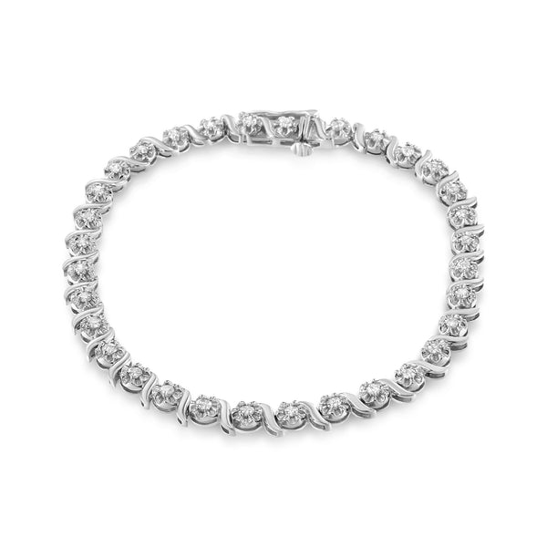 .925 Sterling Silver 1.0 Cttw Diamond Spiral Wave Curved-Link 7 Tennis Bracelet (I-J Color, I3 Clarity)