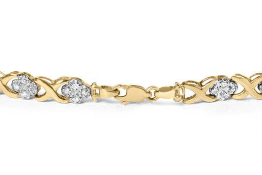 10K Yellow Gold over .925 Sterling Silver 1.0 Cttw Diamond Cluster X Link Tennis Link Bracelet (H-I Color, I3 Clarity) - 7"