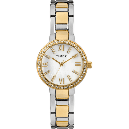 Timex Women's Dress Crystal 30mm Watch – Mother of Pearl Dial with Two-Tone Bracelet