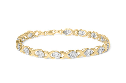 10K Yellow Gold over .925 Sterling Silver 1.0 Cttw Diamond Cluster X Link Tennis Link Bracelet (H-I Color, I3 Clarity) - 7"