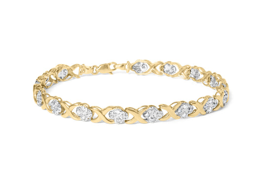 10K Yellow Gold over .925 Sterling Silver 1.0 Cttw Diamond Cluster X Link Tennis Link Bracelet (H-I Color, I3 Clarity) - 7"