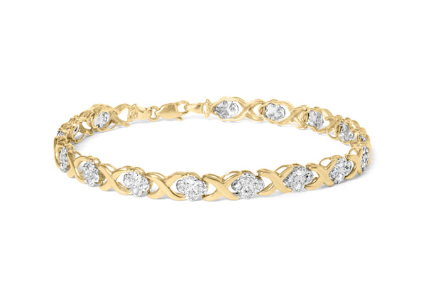 10K Yellow Gold over .925 Sterling Silver 1.0 Cttw Diamond Cluster X Link Tennis Link Bracelet (H-I Color, I3 Clarity) - 7