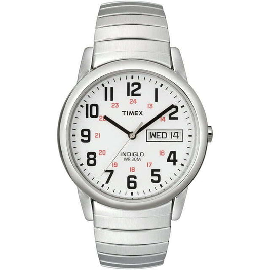 Timex Men's Easy Reader 35mm Day-Date Watch – Silver-Tone Case White Dial with Silver-Tone Expansion Band