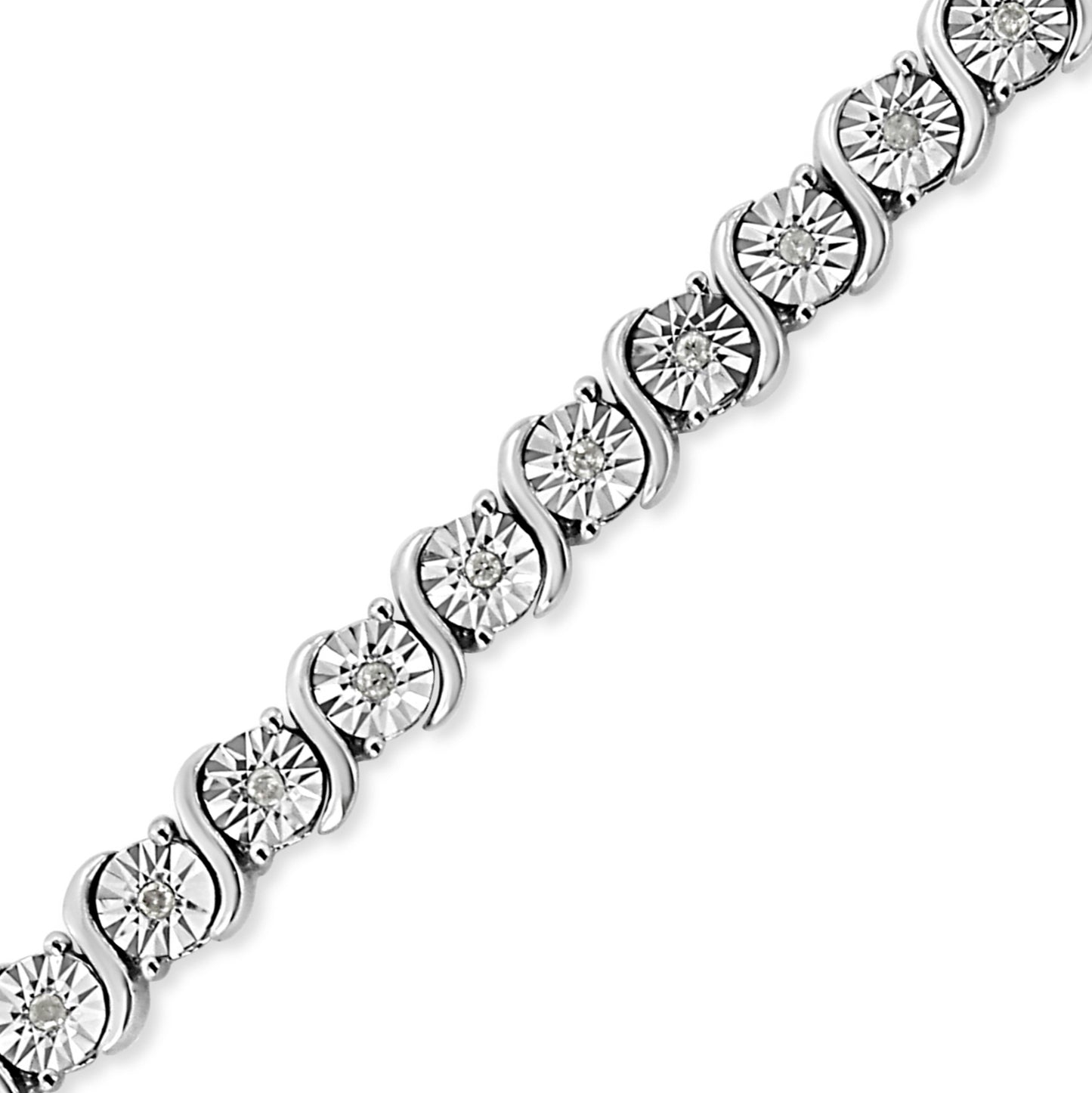 .925 Sterling Silver 1/4 Cttw Diamond Round Miracle Plate and "S" Link Tennis Bracelet (I-J Color, I2- I3 Clarity) - 7"