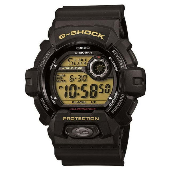 Casio Adult Men's G8900A-1CR G-Shock Black and Blue Resin, Plastic Digital Sport Watch. New front button design with aluminum bezel. Function-wise, this watch somes with Super Illuminator LED Light