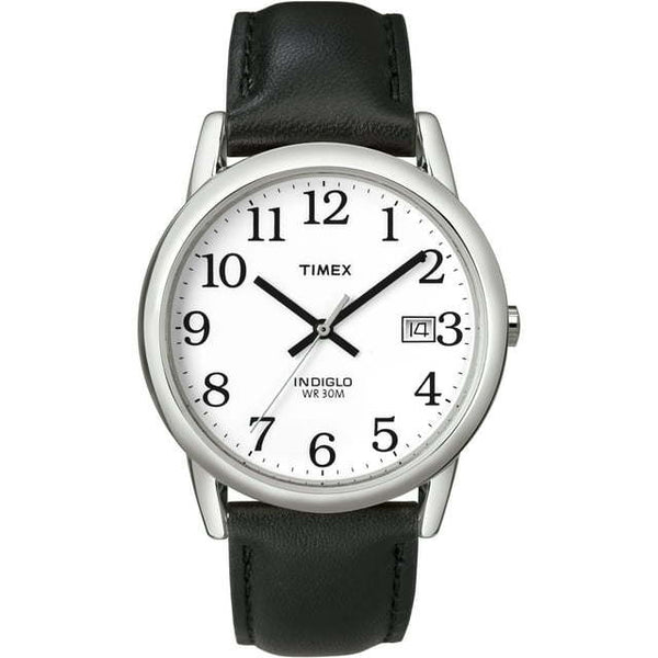 Timex Men's Easy Reader Date Black/Silver/White 35mm Casual Watch, Leather Strap