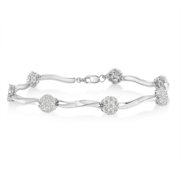 .925 Sterling Silver 1.0 Cttw Diamond Cluster Miracle-Set Station & Twisted Bar 7 Tennis Bracelet (H-I Color, I1-I2 Clarity)