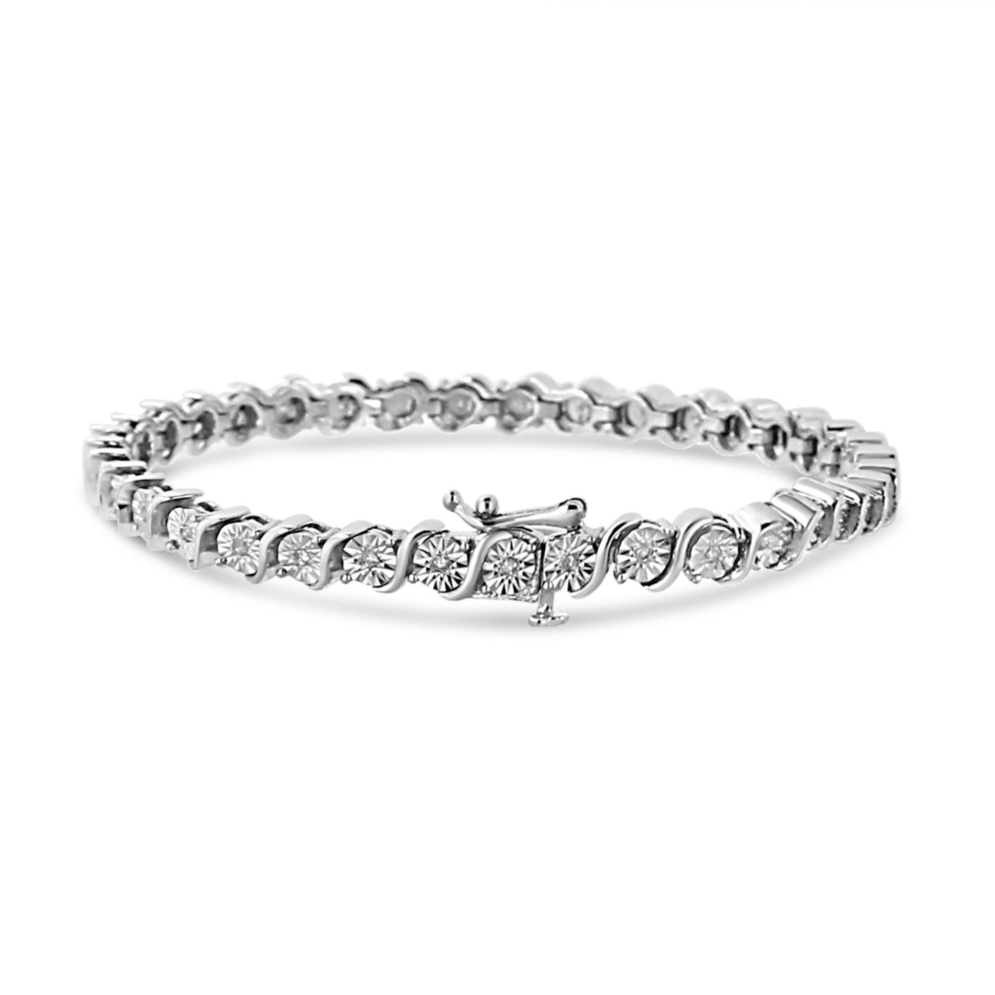 .925 Sterling Silver 1/4 Cttw Diamond Round Miracle Plate and "S" Link Tennis Bracelet (I-J Color, I2- I3 Clarity) - 7"