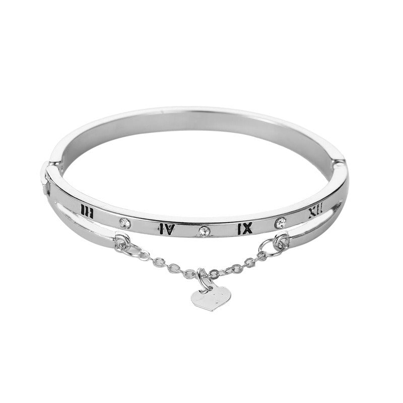 Roman Numeral Accents Bracelet with Heart Pendant and Small Diamonds Stainless Steel Bangles