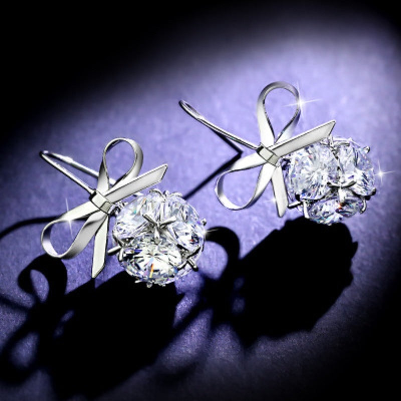 Womens Bow with Zircon Square Flash Diamond Ball Hook Earrings Fashion Earrings