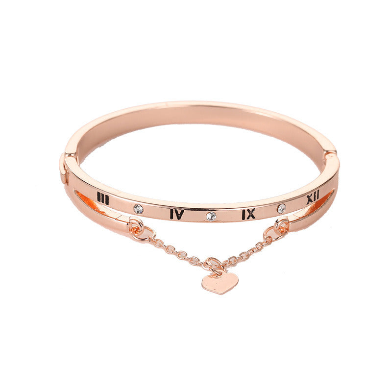 Roman Numeral Accents Bracelet with Heart Pendant and Small Diamonds Stainless Steel Bangles