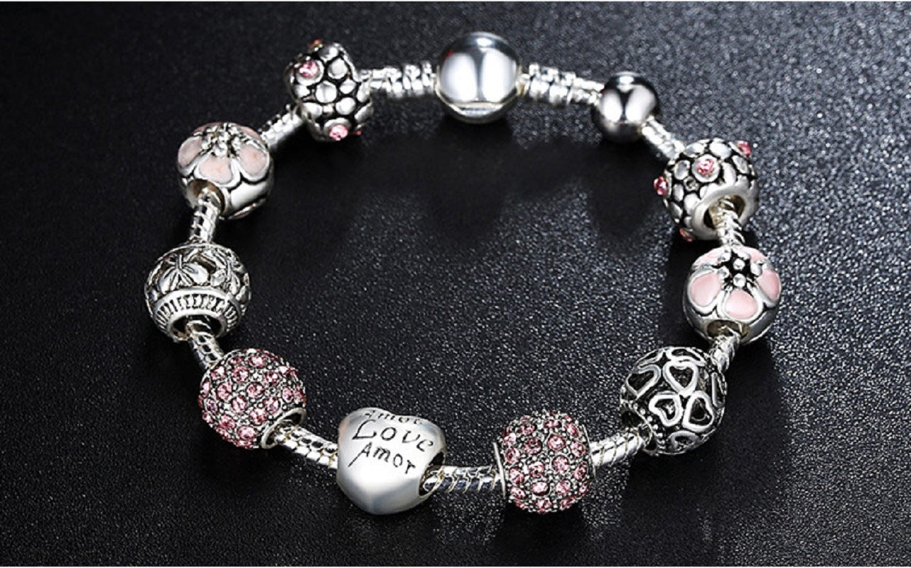 Love Beads Charms Bracelet Rose Flower Charms CZ Charms Bracelets with 9 Pieces Charm for Girls and Women