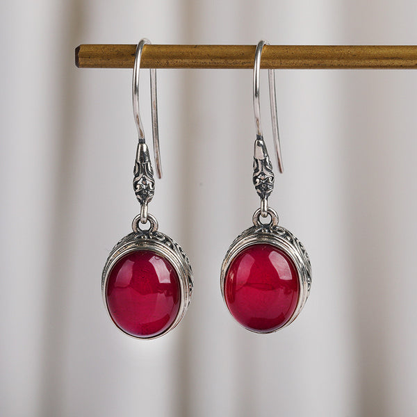 Vintage Red Corundum S925 Silver Earrings Elegant And Fashionable Earrings Silver Jewelry