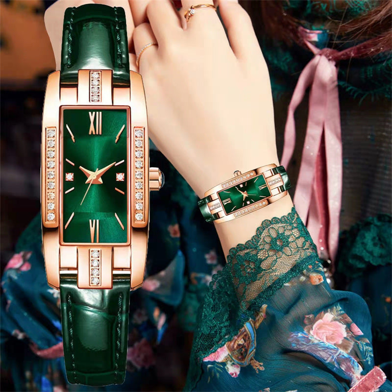 Women's Watches Fashion Square Ladies Quartz Watch Bracelet Set Green Dial Simple Leather Luxury Women Watches