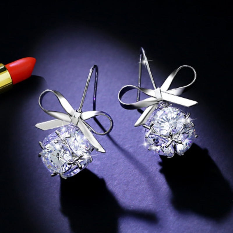 Womens Bow with Zircon Square Flash Diamond Ball Hook Earrings Fashion Earrings