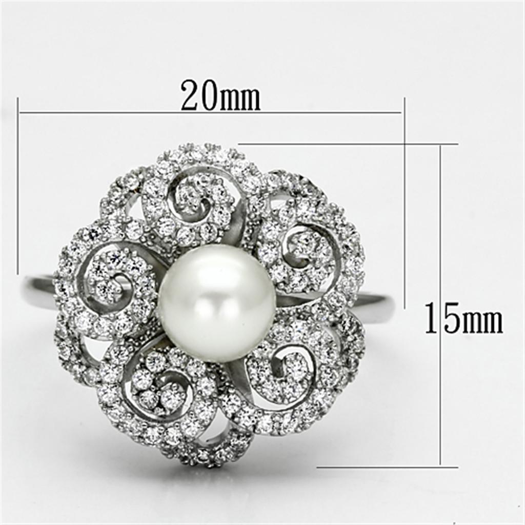 TS070 - Rhodium 925 Sterling Silver Ring with Synthetic Pearl in White