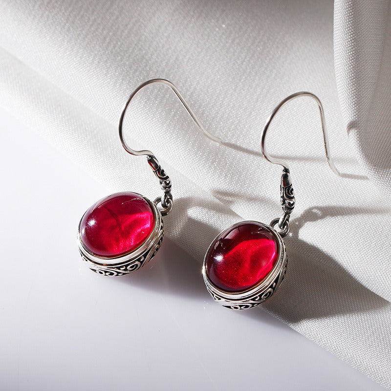 Vintage Red Corundum S925 Silver Earrings Elegant And Fashionable Earrings Silver Jewelry