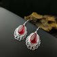 S925 Silver Jewelry Retro Water Drop Red Corundum Earrings Hollow Pattern Earrings Ear Hooks