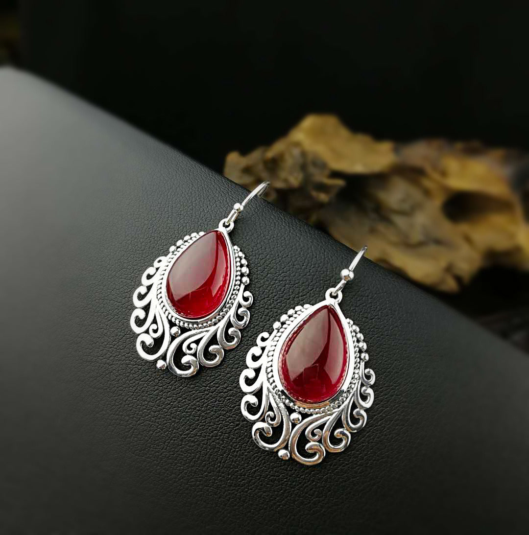 S925 Silver Jewelry Retro Water Drop Red Corundum Earrings Hollow Pattern Earrings Ear Hooks