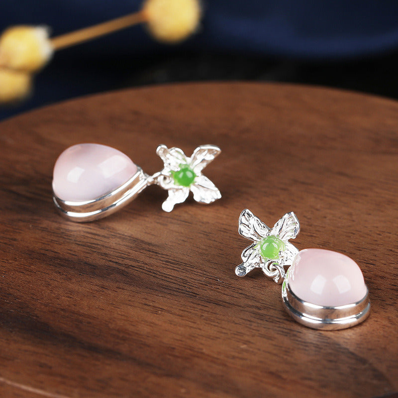 S925 Silver Earrings High-quality Pink Crystal Chinese Style Butterfly Inlaid Jasper Ear Jewelry Does Not Fade