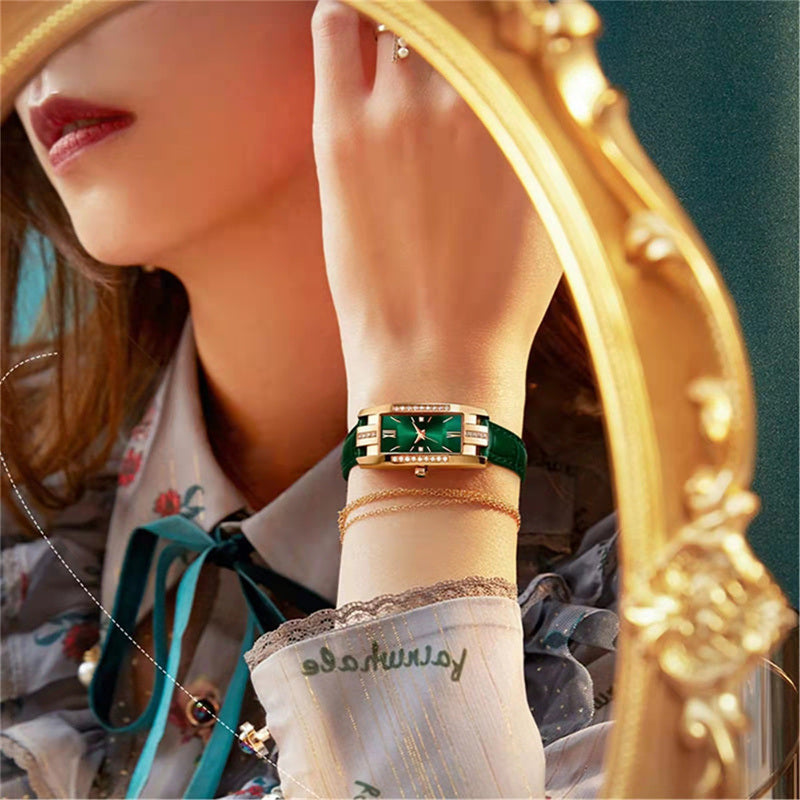 Women's Watches Fashion Square Ladies Quartz Watch Bracelet Set Green Dial Simple Leather Luxury Women Watches