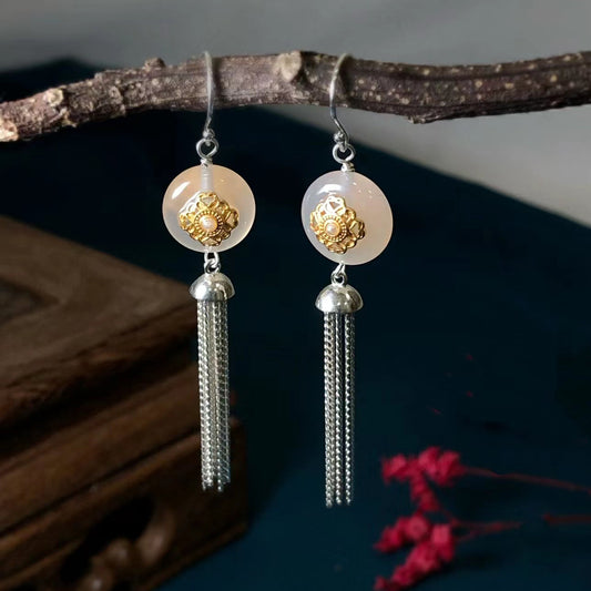 S925 White Chalcedony Tassel Earrings Silver Earrings Women's Jewelry