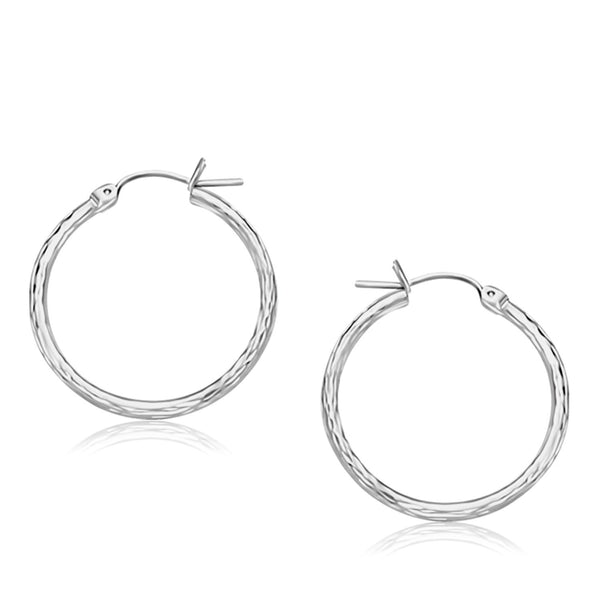 14k White Gold Diamond Cut Hoop Earrings (25mm Diameter)