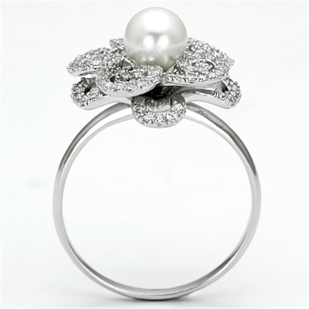 TS070 - Rhodium 925 Sterling Silver Ring with Synthetic Pearl in White