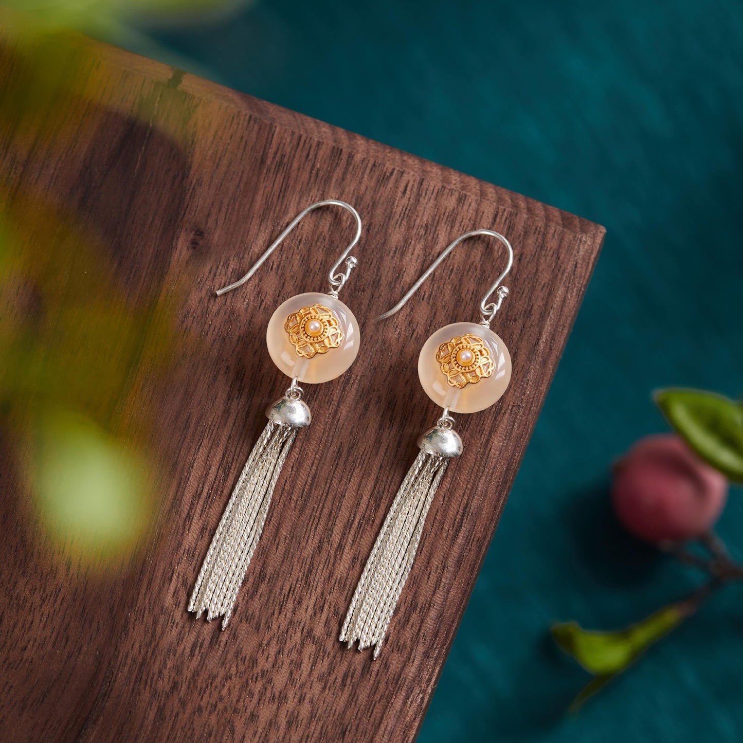 S925 White Chalcedony Tassel Earrings Silver Earrings Women's Jewelry