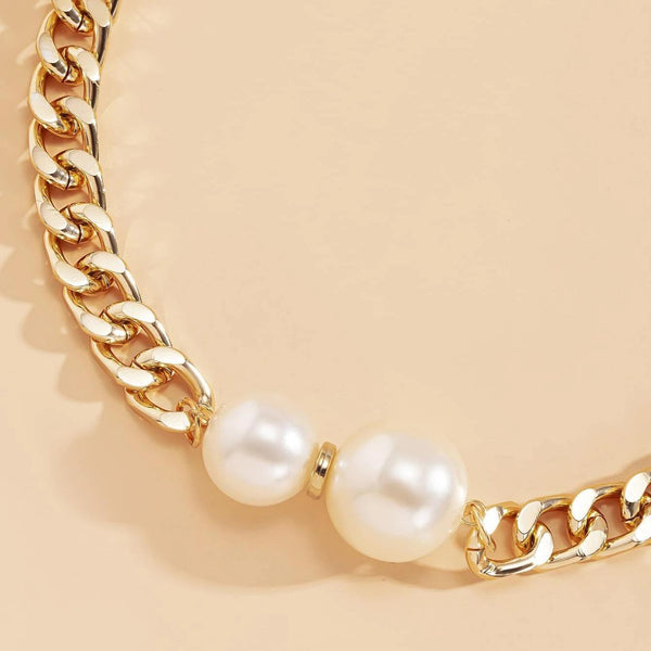 Niche personality imitation pearl neck chain clavicle chain female European and American cross-border jewelry trend geometric thick chain simple necklace