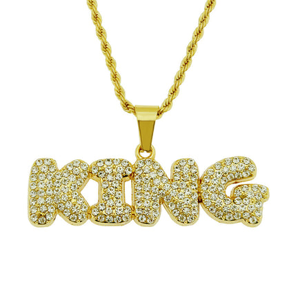 Hip Hop Men's Diamond Alphabet King Pendant Necklace Rock Iced Out Shiny Necklace for Men and Women