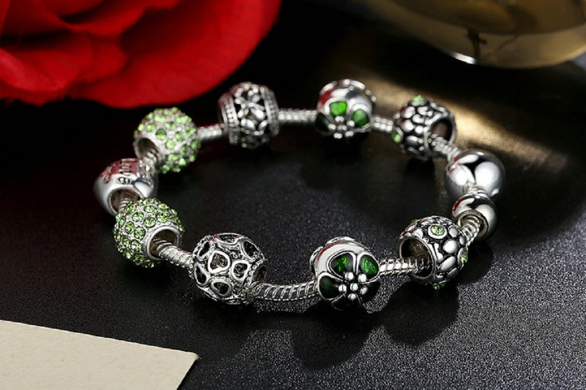 Love Beads Charms Bracelet Rose Flower Charms CZ Charms Bracelets with 9 Pieces Charm for Girls and Women