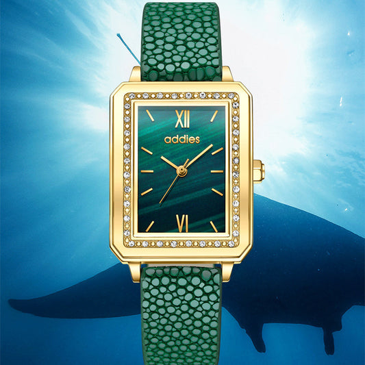 Women's Exquisite Small Green Watch Set Gift Box Square