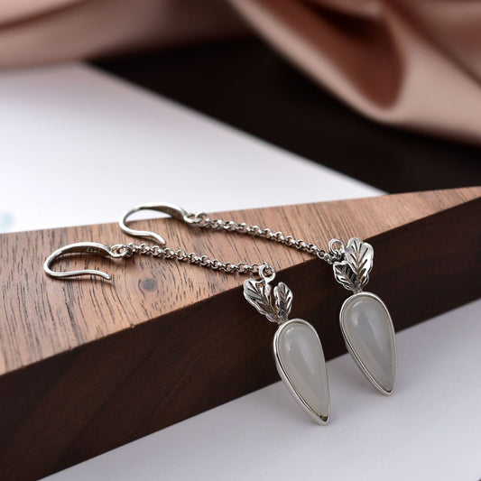 S925 Sterling Silver Natural Hetian White Jade Earrings Radish Cute Jewelry Earrings