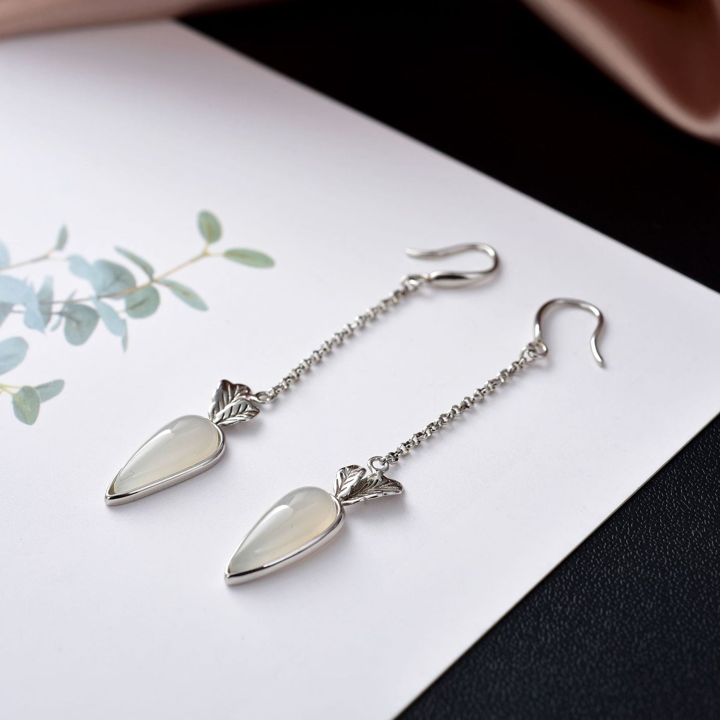 S925 Sterling Silver Natural Hetian White Jade Earrings Radish Cute Jewelry Earrings