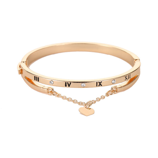 Roman Numeral Accents Bracelet with Heart Pendant and Small Diamonds Stainless Steel Bangles