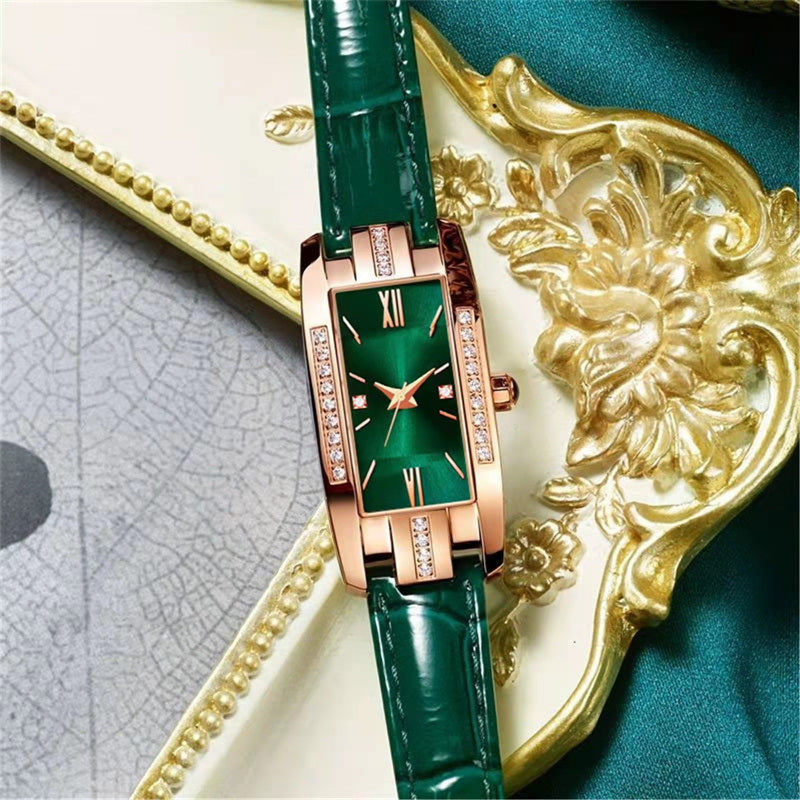 Women's Watches Fashion Square Ladies Quartz Watch Bracelet Set Green Dial Simple Leather Luxury Women Watches