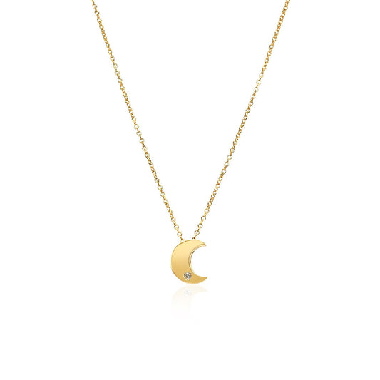 14k Yellow Gold Polished Moon Necklace with Diamond