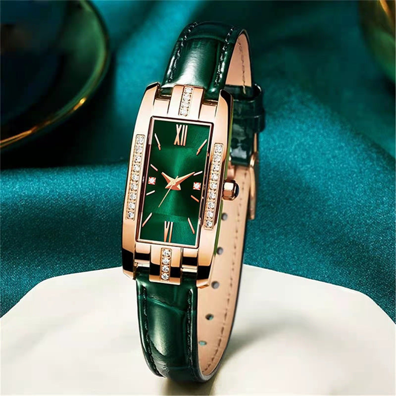 Women's Watches Fashion Square Ladies Quartz Watch Bracelet Set Green Dial Simple Leather Luxury Women Watches